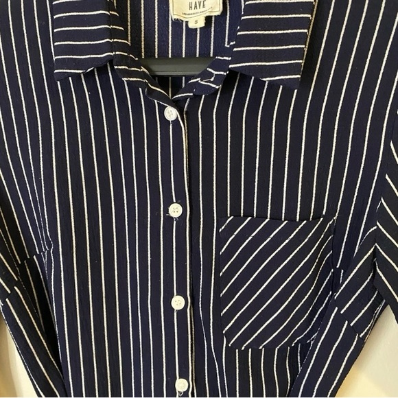 Have Navy and White long sleeves Striped midi Dress Shirt with front tie - Picture 11 of 12